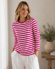 Striped Knit Top Women Long Sleeve Round Neck Relaxed Fit