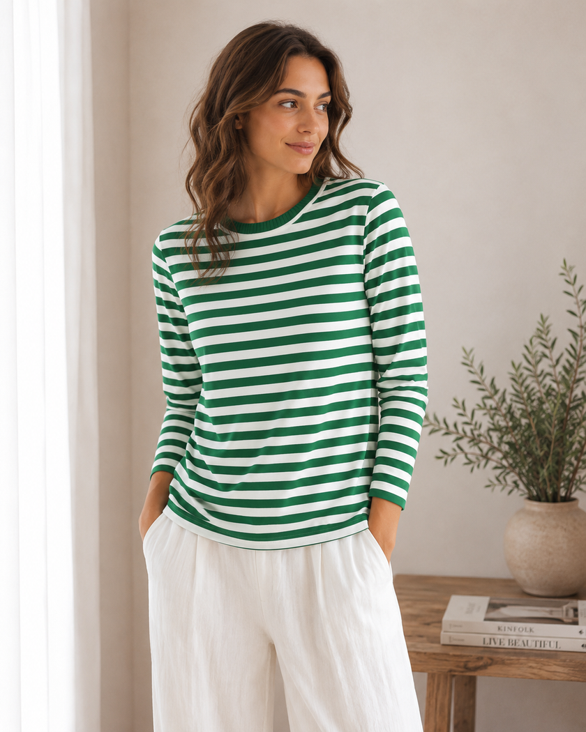 Striped Knit Top Women Long Sleeve Round Neck Relaxed Fit