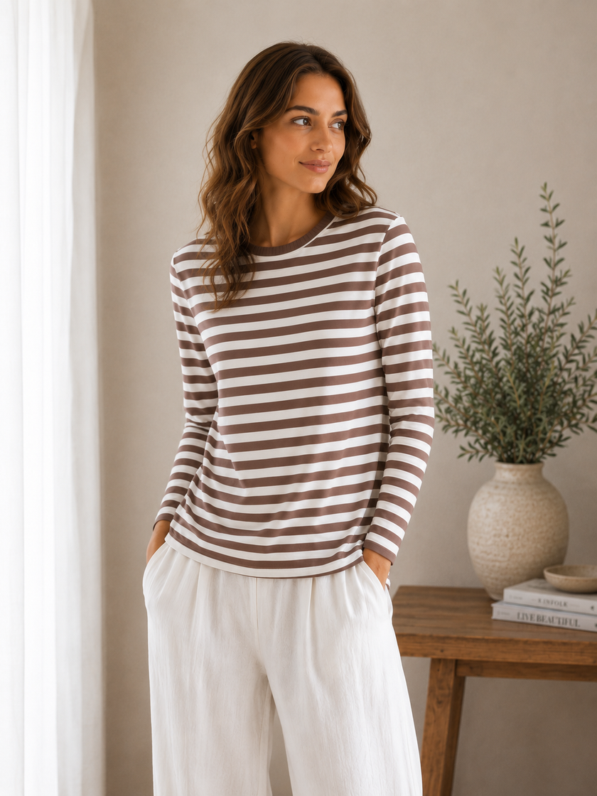 Striped Knit Top Women Long Sleeve Round Neck Relaxed Fit