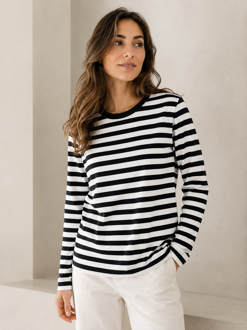 Striped Knit Top Women Long Sleeve Round Neck Relaxed Fit