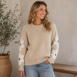 Knit Sweater Women Wool Blend Relaxed Fit Floral Sleeves Round Neck