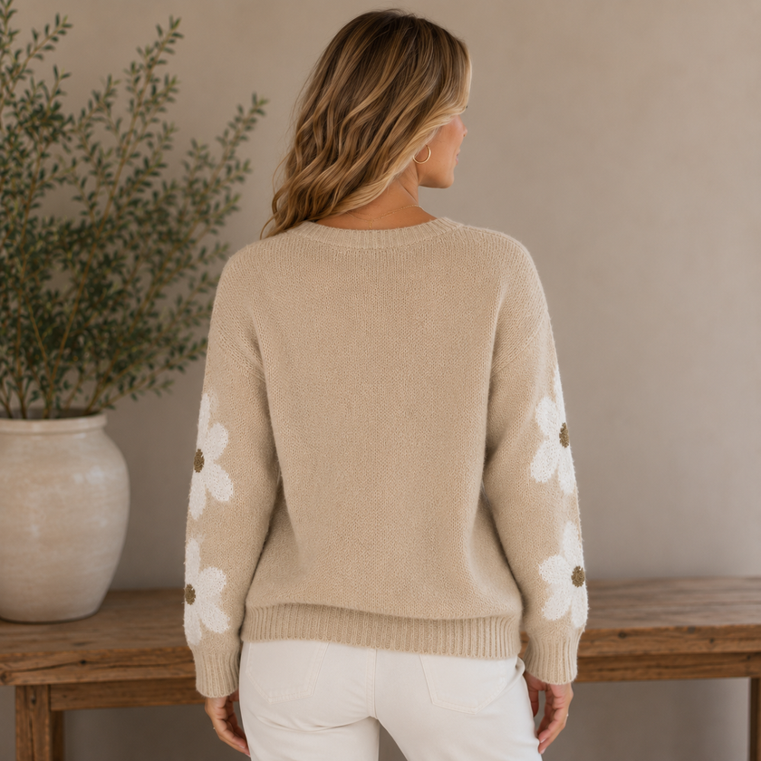 Knit Sweater Women Wool Blend Relaxed Fit Floral Sleeves Round Neck