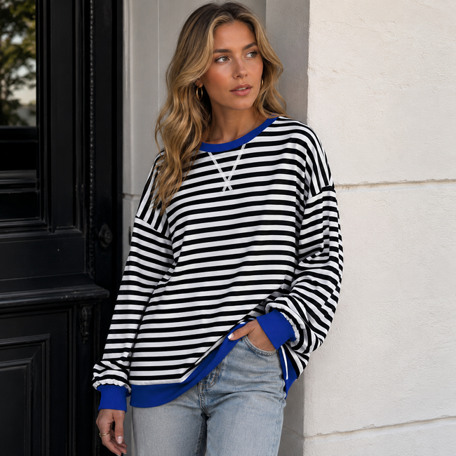 Sweatshirt Women Striped Oversized with Contrast Details
