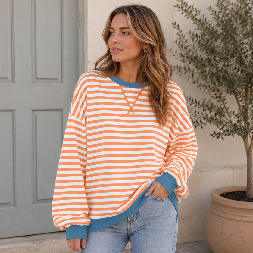 Sweatshirt Women Striped Oversized with Contrast Details