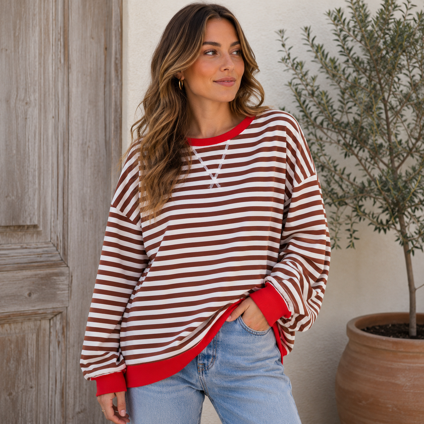 Sweatshirt Women Striped Oversized with Contrast Details