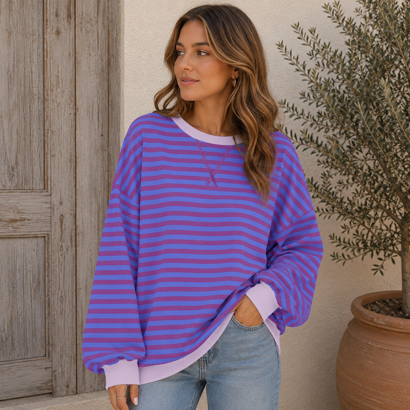 Sweatshirt Women Striped Oversized with Contrast Details