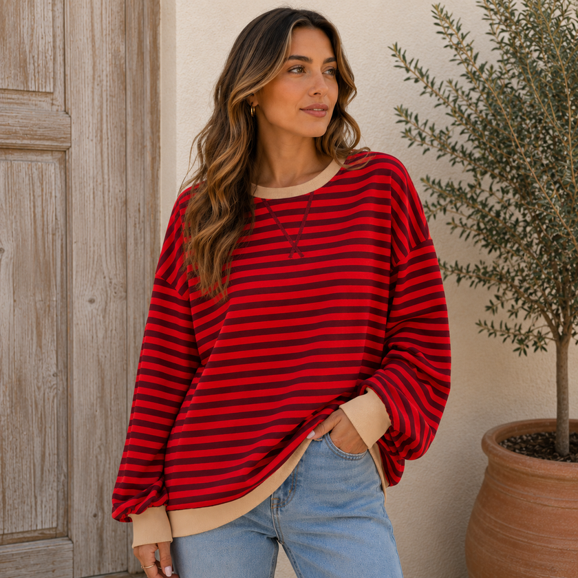 Sweatshirt Women Striped Oversized with Contrast Details
