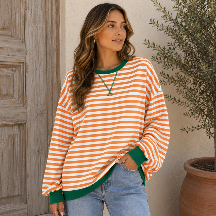Sweatshirt Women Striped Oversized with Contrast Details
