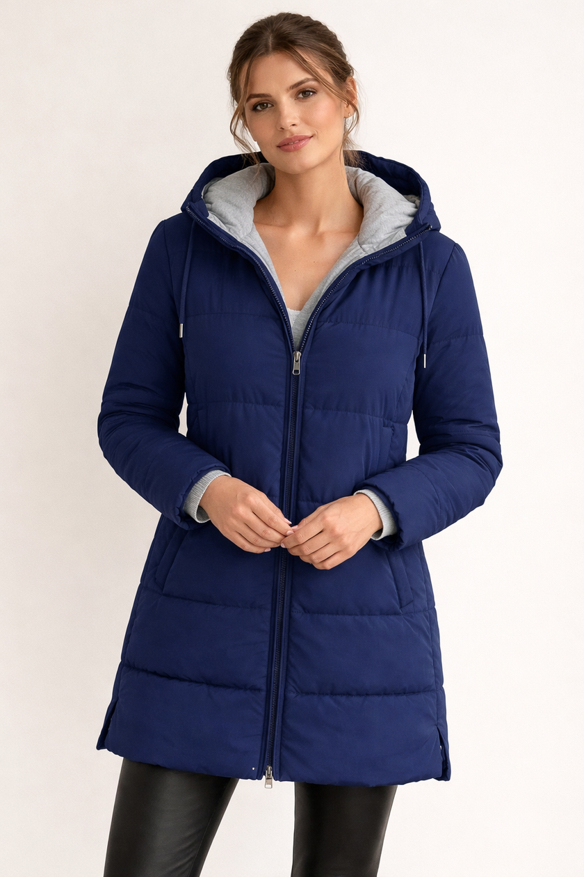 Padded Jacket Women Hooded Lightweight Zip Front Mid-Length