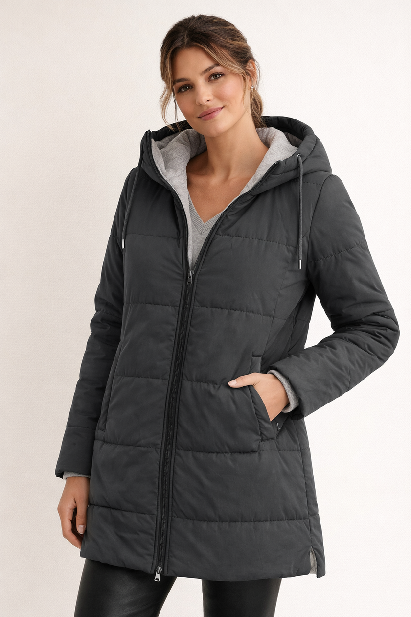 Padded Jacket Women Hooded Lightweight Zip Front Mid-Length