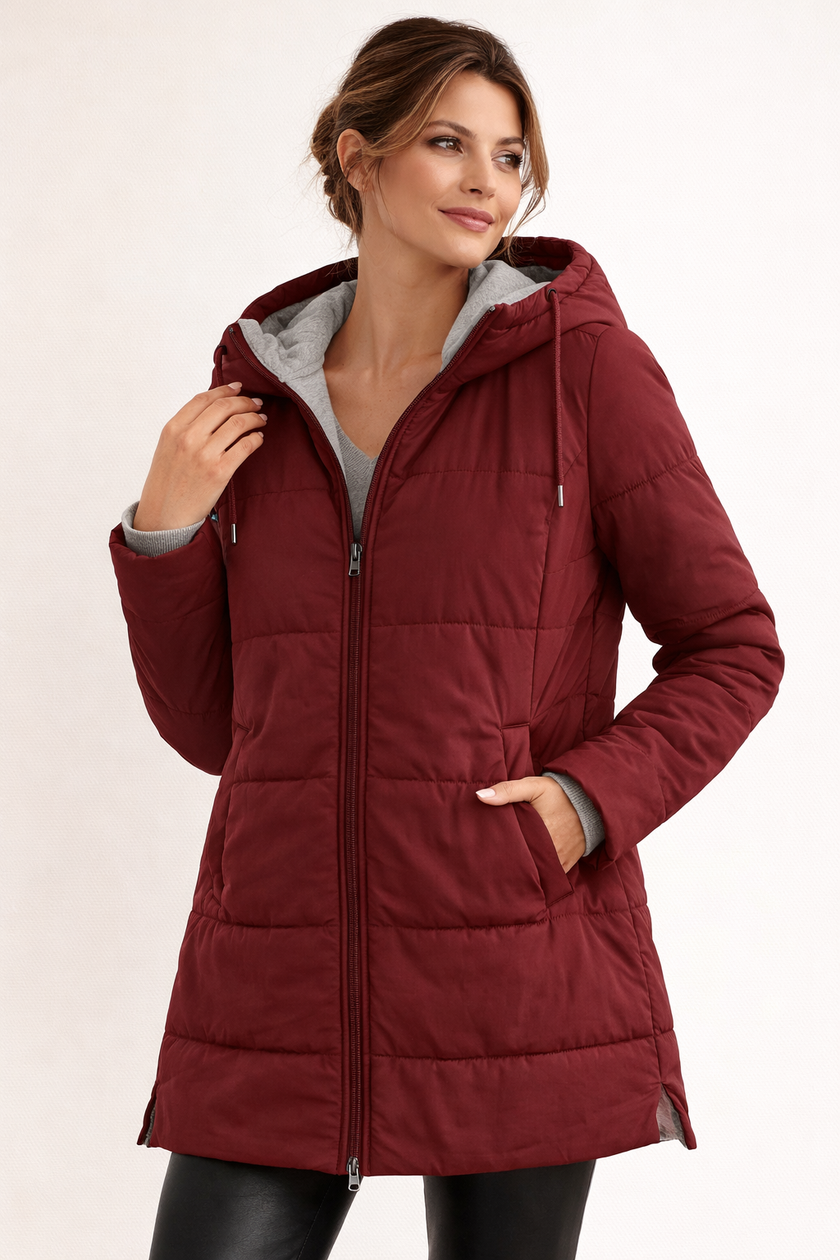 Padded Jacket Women Hooded Lightweight Zip Front Mid-Length