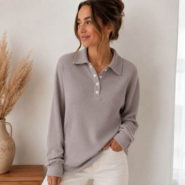 Waffle Knit Sweater Women Relaxed Fit with Collar