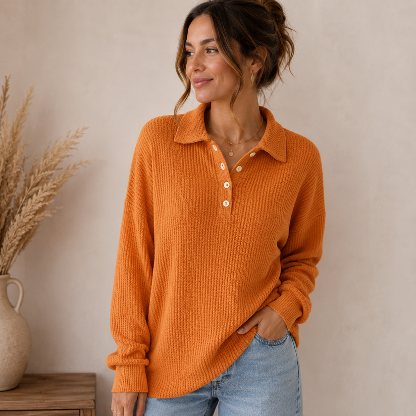 Waffle Knit Sweater Women Relaxed Fit with Collar