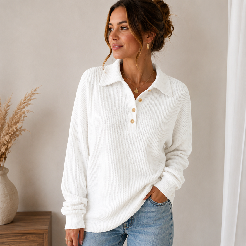 Waffle Knit Sweater Women Relaxed Fit with Collar