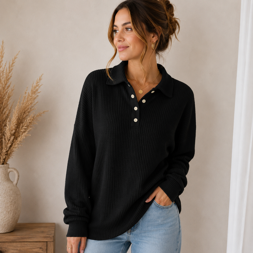 Waffle Knit Sweater Women Relaxed Fit with Collar