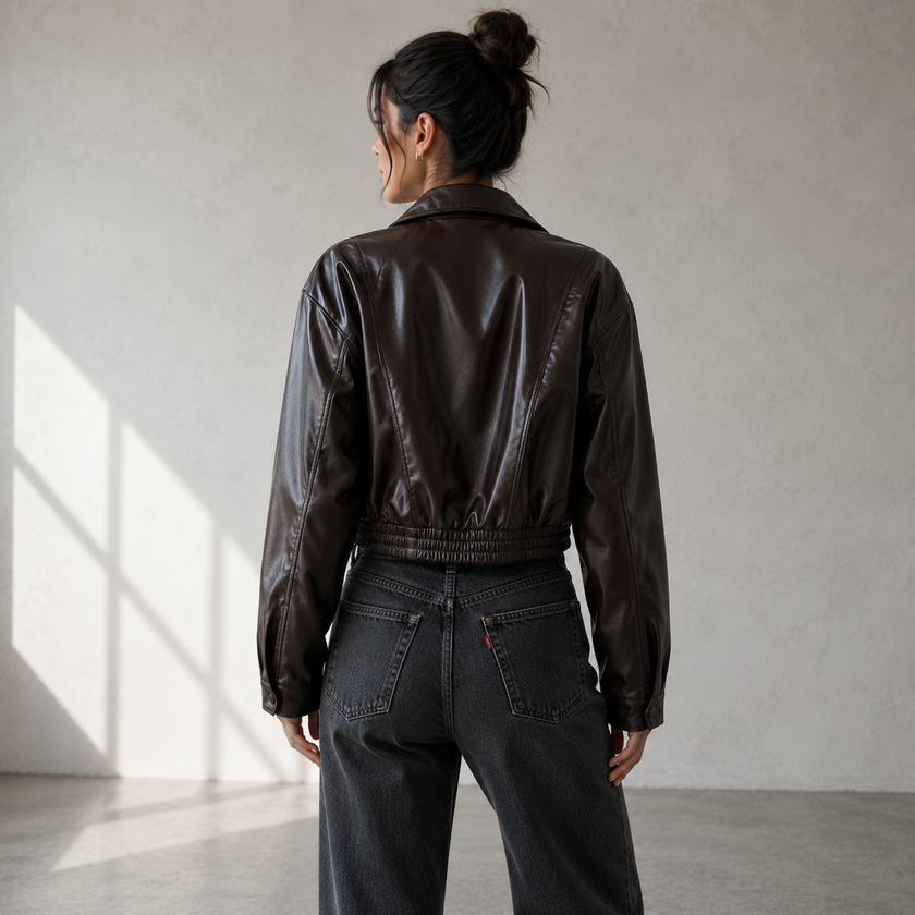 Faux Leather Jacket Women Short Button Front Classic Collar