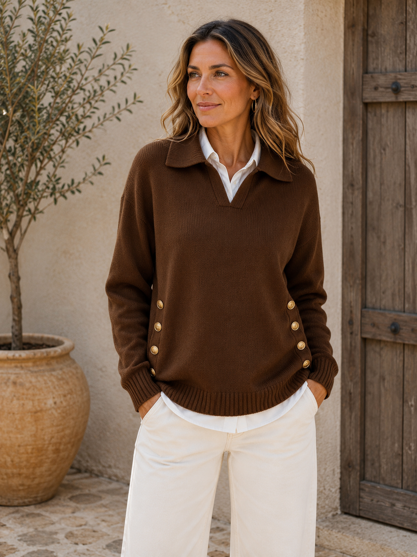 Knit Sweater Women V Neck with Button Details