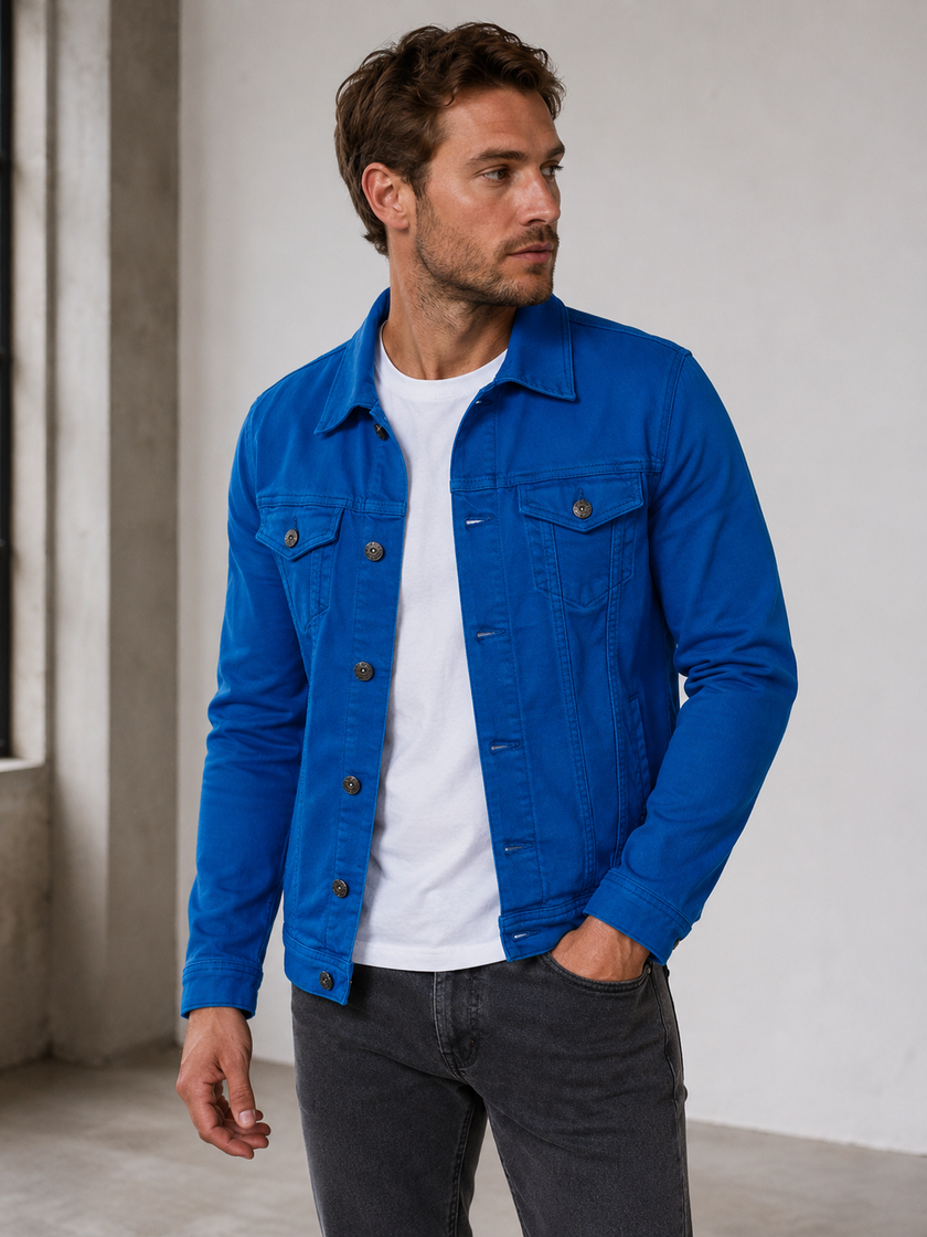 Denim Jacket Men Button Front Classic Collar Chest Pockets