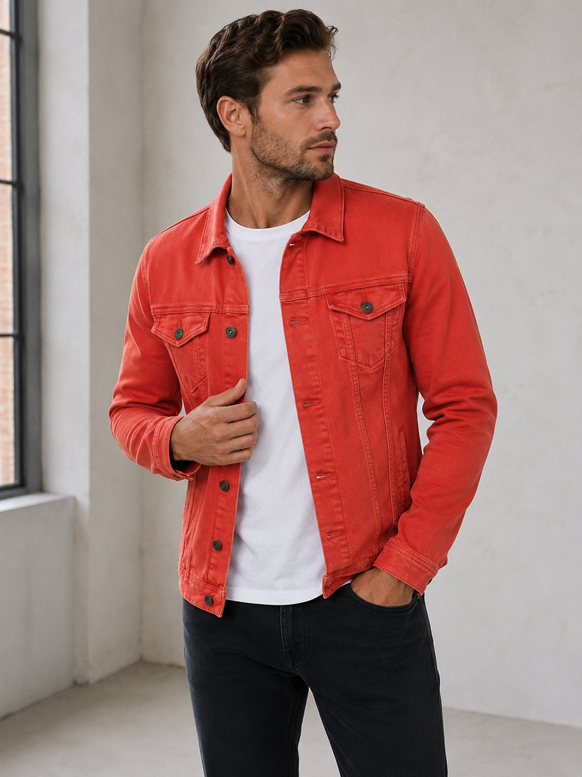 Denim Jacket Men Button Front Classic Collar Chest Pockets