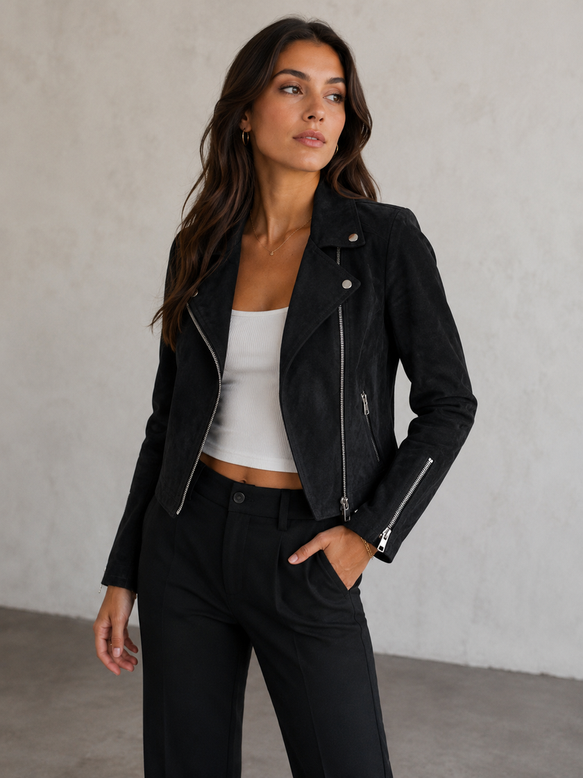 Biker Jacket Women Faux Suede Fitted Zip Lapel Collar