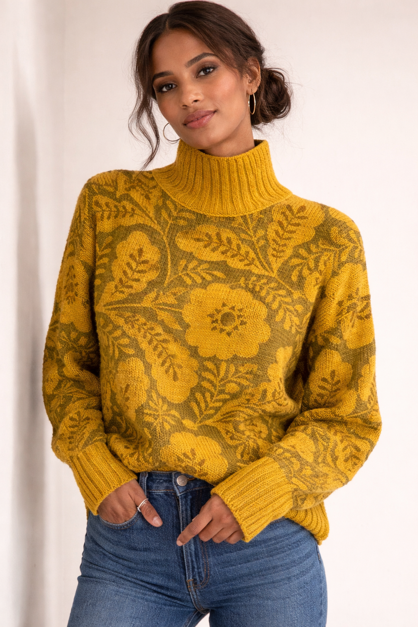 Knit Sweater Women High Neck Relaxed Fit Long Sleeve
