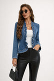 Denim Jacket Women Short Fitted Ruffle Open Front