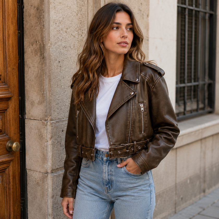 Moto Jacket Women Faux Leather Cropped Asymmetric Zip Belted Hem