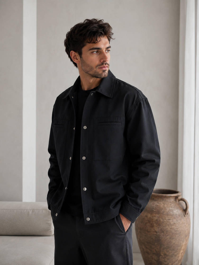 Utility Jacket Men Snap Button Classic Collar Regular Fit Hip Length