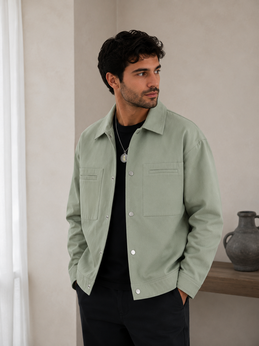 Utility Jacket Men Snap Button Classic Collar Regular Fit Hip Length