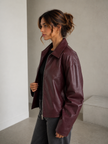 Faux Leather Jacket Women Straight Fit Zip-Up Pointed Collar