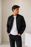 Bomber Jacket Men Zip Front Stand Collar Ribbed Details