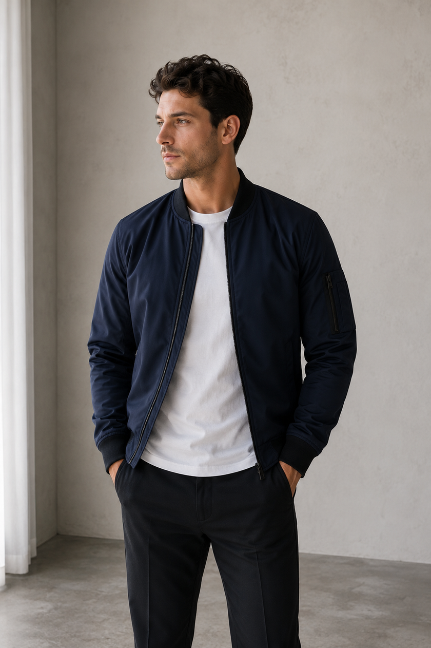 Bomber Jacket Men Zip Front Stand Collar Ribbed Details
