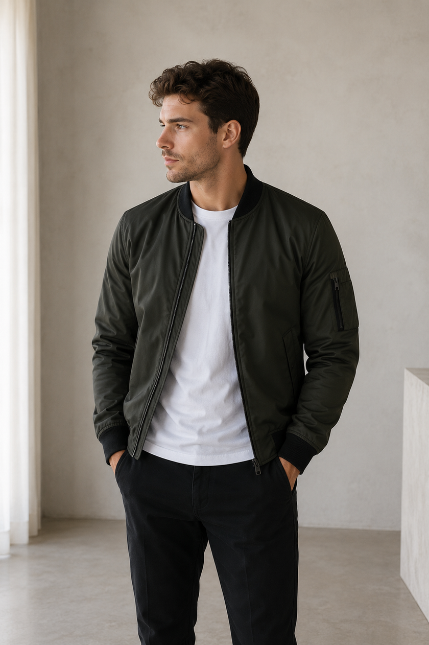 Bomber Jacket Men Zip Front Stand Collar Ribbed Details
