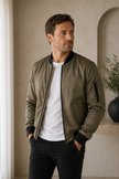 Bomber Jacket Men Zip Front Stand Collar Ribbed Details
