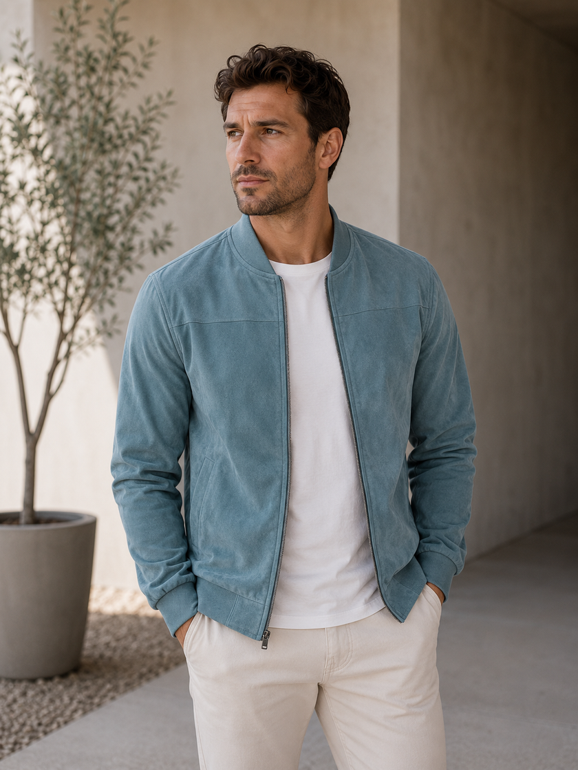 Bomber Jacket Men Faux Suede Stand Collar Ribbed Cuffs
