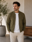 Bomber Jacket Men Faux Suede Stand Collar Ribbed Cuffs
