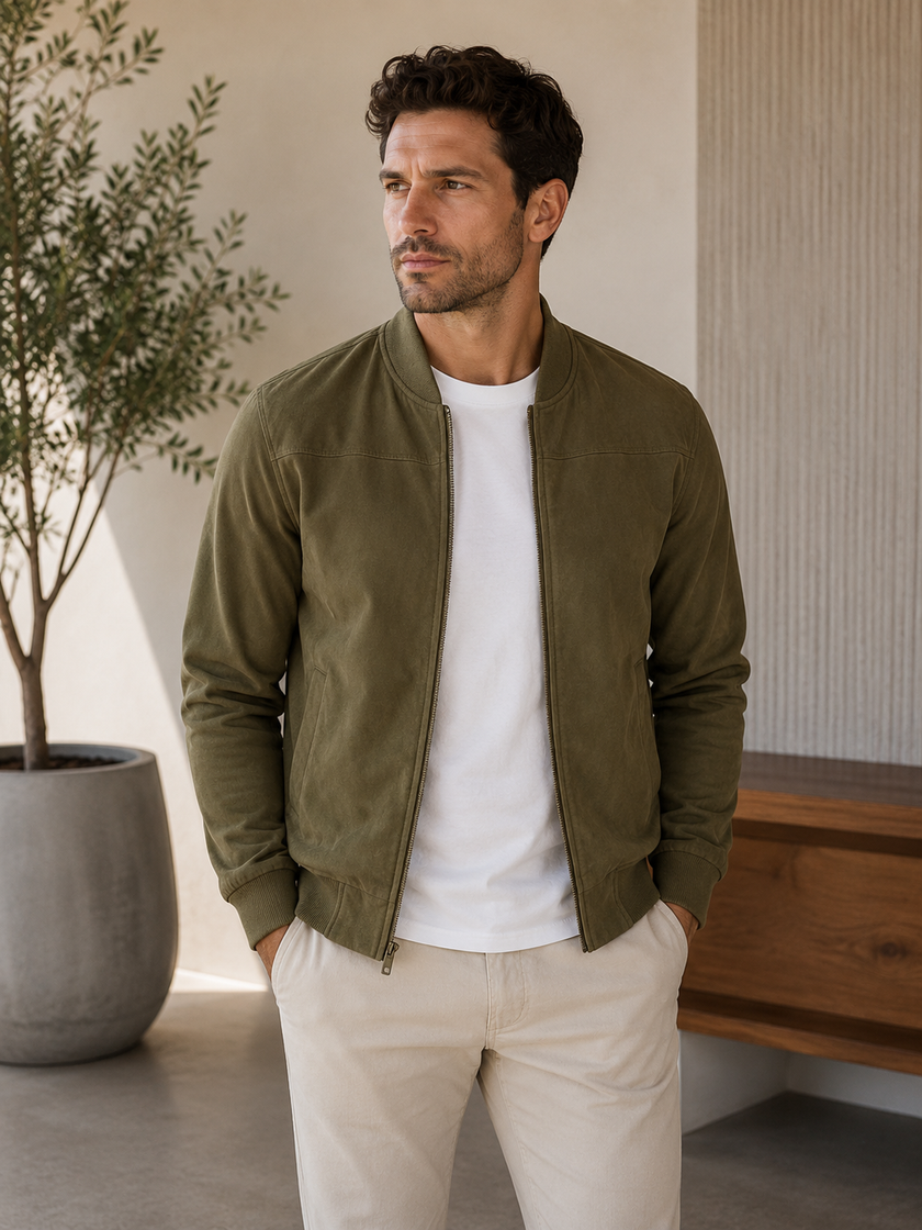 Bomber Jacket Men Faux Suede Stand Collar Ribbed Cuffs