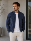 Bomber Jacket Men Faux Suede Stand Collar Ribbed Cuffs