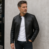 Leather Jacket Men Zip Front Stand Collar Fitted Hip Length