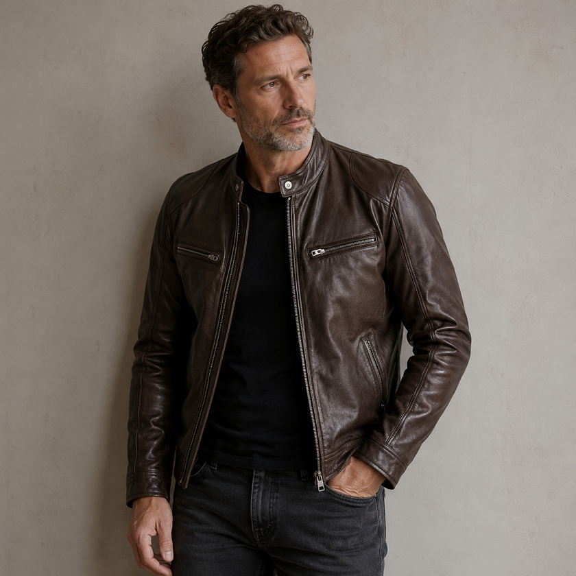 Leather Jacket Men Zip Front Stand Collar Fitted Hip Length