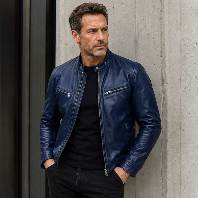 Leather Jacket Men Zip Front Stand Collar Fitted Hip Length