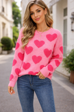 Heart Print Knit Sweater Women Crew Neck Relaxed Fit Winter