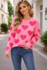 Heart Print Knit Sweater Women Crew Neck Relaxed Fit Winter