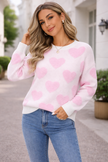 Heart Print Knit Sweater Women Crew Neck Relaxed Fit Winter