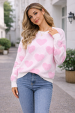 Heart Print Knit Sweater Women Crew Neck Relaxed Fit Winter