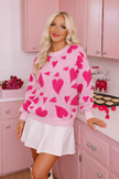 Heart Print Knit Sweater Women Jacquard Crew Neck