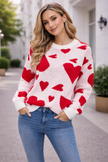 Heart Print Knit Sweater Women Jacquard Crew Neck