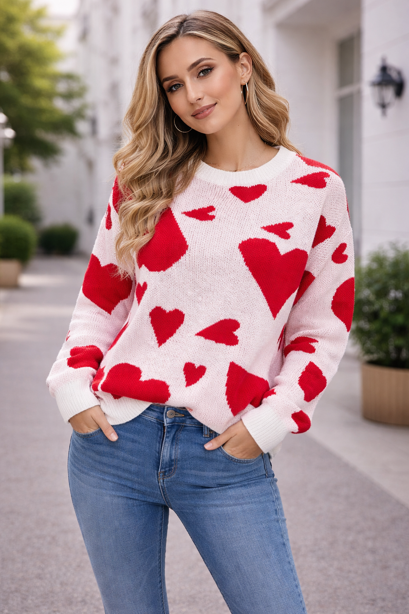 Heart Print Knit Sweater Women Jacquard Crew Neck
