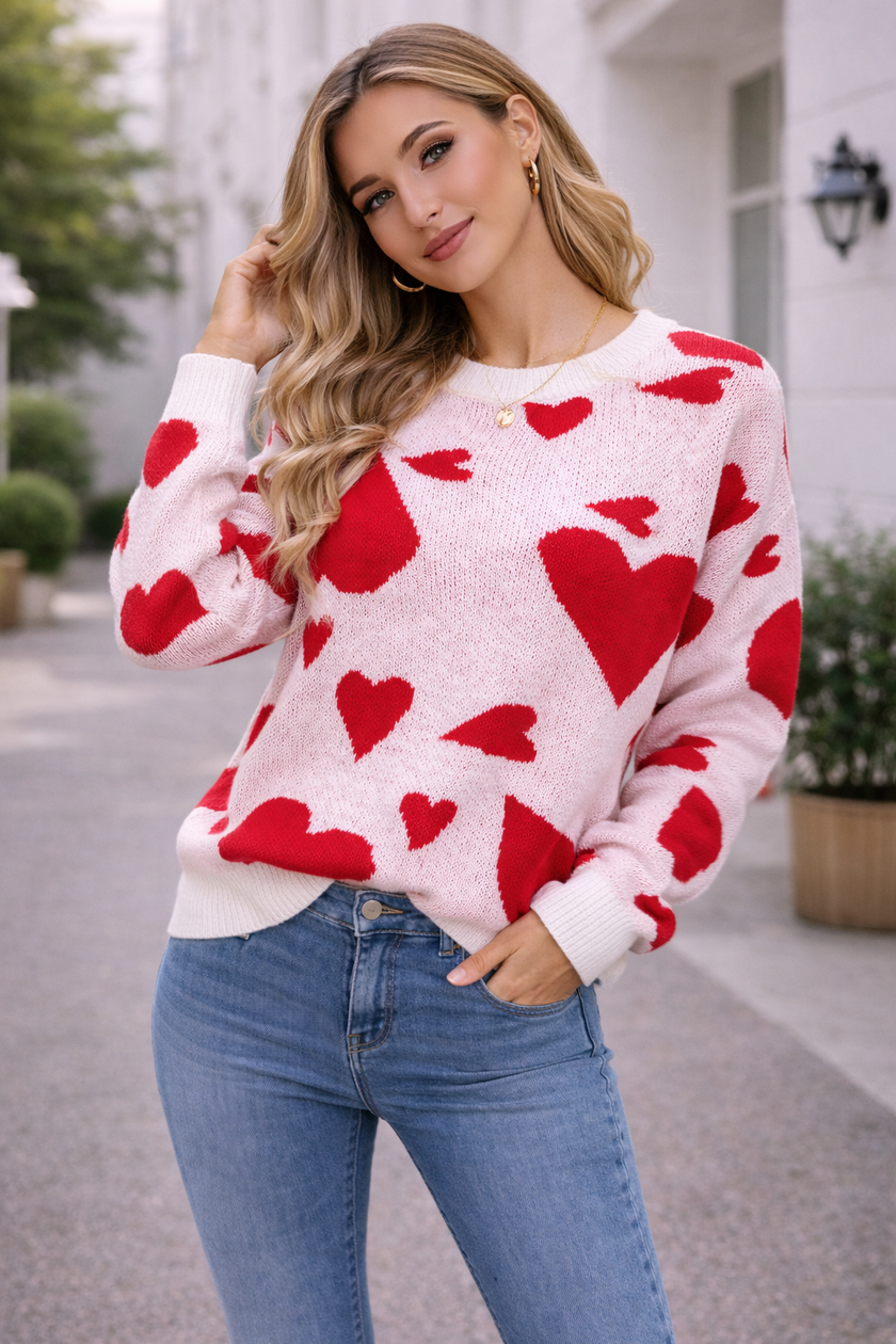 Heart Print Knit Sweater Women Jacquard Crew Neck