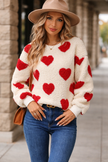 Heart Print Fleece Sweater Women Crew Neck Relaxed Fit
